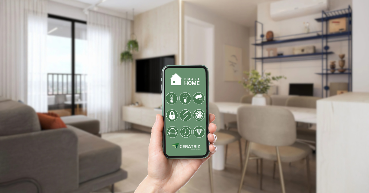 Apartamento inteligente controlado via tecnologia.