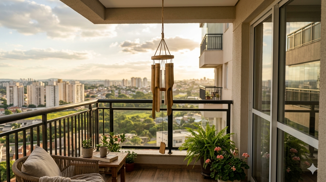 Ambiente residencial com um sino dos ventos e cercado por natureza, representando conforto acústico, silêncio e qualidade de vida
