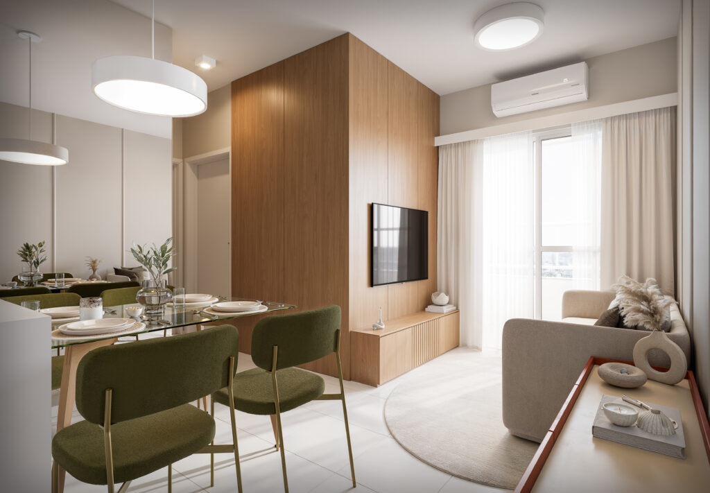 Sala de apartamento com cores claras, iluminação natural, espelho decorativo e móveis funcionais que ampliam visualmente o ambiente.