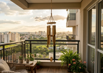 Ambiente residencial com um sino dos ventos e cercado por natureza, representando conforto acústico, silêncio e qualidade de vida